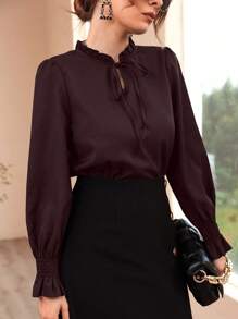 Modelyn Áo cánh dài tay thanh lịch cổ bèo nhún màu trơn cho nữ, mùa thu - Cà phê nâu - Xem 6