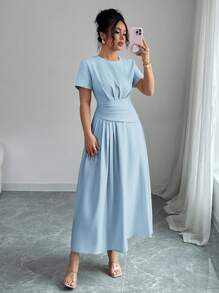 Elenzga 女士优雅纯色休闲通勤商务下午茶派对 A 字短袖连衣裙，春夏 - 藍色 - 查看 6