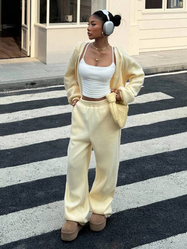 Muchica Women's Cream Yellow Casual Loose Sweatsuit Set, Y2K Style, Autumn Outfit