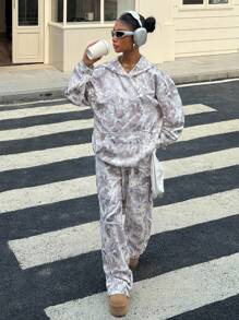 Muchica 2pcs/Set Women Casual Loose Branch Print Hoodie And Sweatpants, Fall Women Clothes - Multicolor - View 1