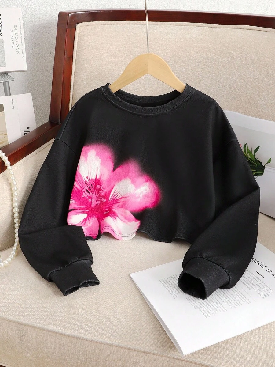 SHEIN 青少年女孩宽松休闲舒适圆领套头长袖花卉印花运动衫 - 黑色 - 查看 1