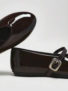 Solezae Women's Blod Buckle Wide Open Round Toe Shiny Pu Brown Mary Jane Flats-Luxe-Feeling For Office To Dinner - Chocolate Brown - View 4