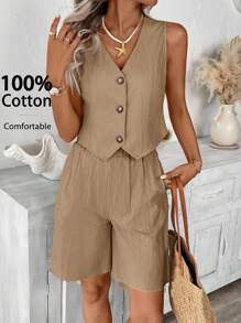 Easowa Women's Casual Solid Color Spring/Summer Clothing, Daily Basic Sleeveless Top/Tank, Shirt, Bermuda Shorts 2 Pieces Set