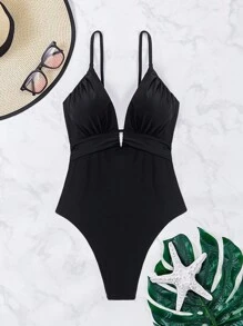 Swim Basics 1 件女士纯色细肩带镂空性感泳衣 - 黑色 - 查看 5