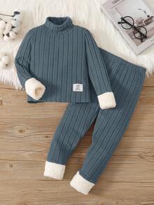 SHEIN 2 件套男童简约字母装饰立领长袖上衣和长裤羊毛装饰睡衣套装 - 霧霾藍 - 查看 1