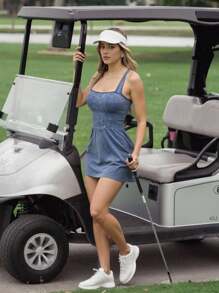 Innovista 女士无缝扎染运动网球裙内置短裤牛仔效果印花运动复古健身连体衣可拆卸垫弹性健身连体衣运动服露背透气运动连体衣纯色日常基本款返校活力秋季健身系列厚底Lulu替代品优质、实惠、经济实惠的健身服、体育训练、有氧运动 - 藍色 - 查看 5