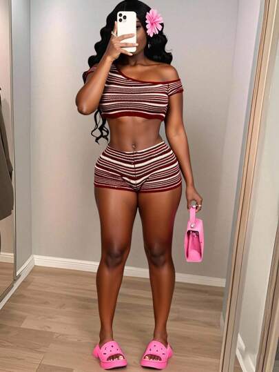 Slaydiva The  New Summer Casual Vacation, Street Daily Date, Birthday Party, Travel Season, Cruise Party, Beach Party, Sexy Y2K, Internet-Famous Best-Selling, Off-The-Shoulder, Single-Shoulder, Off-The-Shoulder Cut Short Sweater + Super Shorts, Hot Pants, Wine Red, White And Black Fine Striped Woolen Suit, Women's Sweater Two-Piece Set