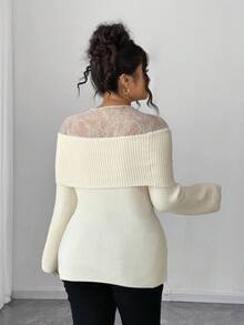 Elenzga Maglione elegante da donna taglie forti con lavorazione a maglia a contrasto e nodo, autunnale - Beige - Visualizzare 2