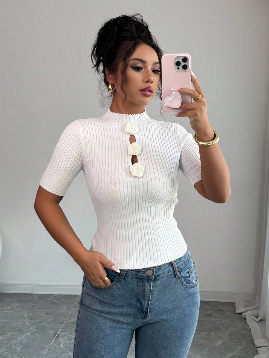 Rafferiza Fitted 3D Floral High Neck Flared Sleeve Knit Top White Knit Top White Top Women - Beige - View 1