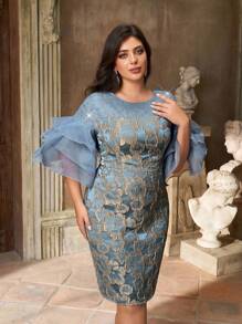 Aureia Plus Size Elegant Cocktail Dress With Satin Jacquard, Organza Ruffle Collar, Rhinestone Embellishments, In Greyish Blue Date Night Outfits Women - Blue - View 6