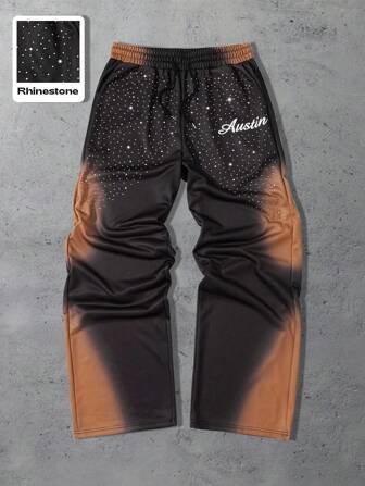 Street Life Pantalones de chándal holgados con detalles de strass desgastados para hombre, tipo holgado