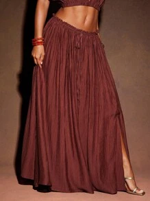 Hauture 女士夏季性感度假褶皱亚麻棕色松紧腰长裙