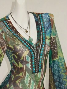 SHEIN ICON 女式复古性感前卫V领西部波西米亚风喇叭袖上衣 女式波西米亚风上衣 波西米亚风上衣 嬉皮士上衣 女式嬉皮士服装 秋季女装 - 彩色 - 查看 9