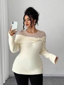 Elenzga Maglione elegante da donna taglie forti con lavorazione a maglia a contrasto e nodo, autunnale - Beige - Visualizzare 5