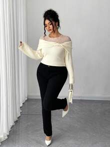 Elenzga Maglione elegante da donna taglie forti con lavorazione a maglia a contrasto e nodo, autunnale - Beige - Visualizzare 6