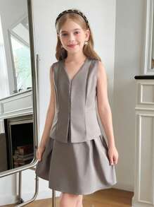 青少年女孩优雅纯色深灰色无袖西装外套和裙子两件套
