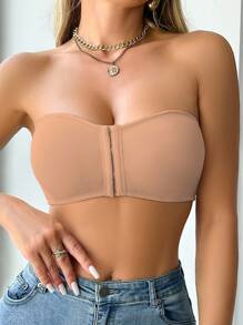 SHEIN 女士前开合加垫聚拢文胸，露背和无肩带 - 卡其色 - 查看 3