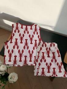 Comfortcana 2件套女士休闲简约龙虾印花夏季服装 - 彩色 - 查看 2
