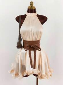 Amplova Váy ngắn thắt eo bằng vải PU chắp vá phong cách Hippie dành cho nữ, mùa hè - Màu be - Xem 1