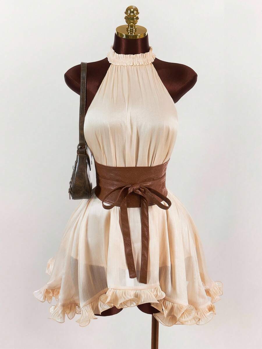 Amplova Váy ngắn thắt eo bằng vải PU chắp vá phong cách Hippie dành cho nữ, mùa hè - Màu be - Xem 1