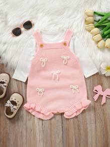 SHEIN 1pc Cute Baby Romper Jumpsuit, White Strap Dress With Pink Bow And Ruffle Trim Baby Girl Romper Baby Girl Summer Outfit Baby Girl Bow Romper Knit Baby Romper Baby Girl Overalls Baby Girl Knit Romper Fall Winter