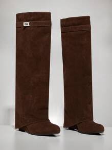 SHUZIA Giày bốt cao gót đế xuồng đế thô thời trang hàng ngày cho nữ - Màu nâu Sô-cô-la - Xem 3