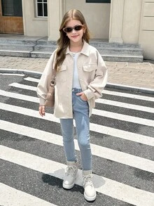 SHEIN 青少年女孩米色燈芯絨翻蓋口袋落肩長袖外套 秋冬休閒街頭風日常穿著夾克 鈕扣開襟襯衫版型 大廓形 - 杏色 - 查看 12