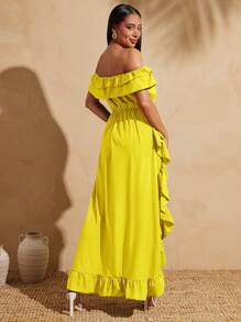 Vixey Off Shoulder Layered Ruffle Hi-Low Woven Top, Summer Tops, Spring, Summer, Boho, St Patrick Day, Country Concert, Beach Cover Up Women - Yellow - View 5