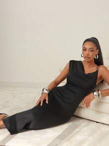 Metal Chain Strap Asymmetrical Draped Neck Midi Dress, Business Casual Woman, Office Outfit - Black - View 1