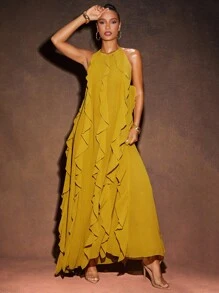 Hauture Sexy Summer Boho Vacation Solid Frill Detail Open Back Maxi Dress - Yellow - View 5