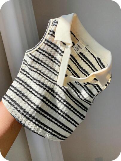 SHEIN Cute Striped Sleeveless Polo Top, Versatile Summer Toddler Striped Shirt Baby Collar Shirt Toddler Collared Shirt