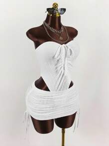 Amplova Plus Size Women Bandeau Bodysuit With Drawstring & High Waist Mini Skirt 2 Pieces Set - White - View 6