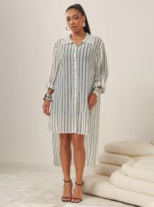 Vixey 透明条纹雪纺纽扣长款衬衫裙 - 黑與白 - 查看 4