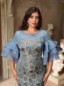 Aureia Plus Size Elegant Cocktail Dress With Satin Jacquard, Organza Ruffle Collar, Rhinestone Embellishments, In Greyish Blue Date Night Outfits Women - Blue - View 2
