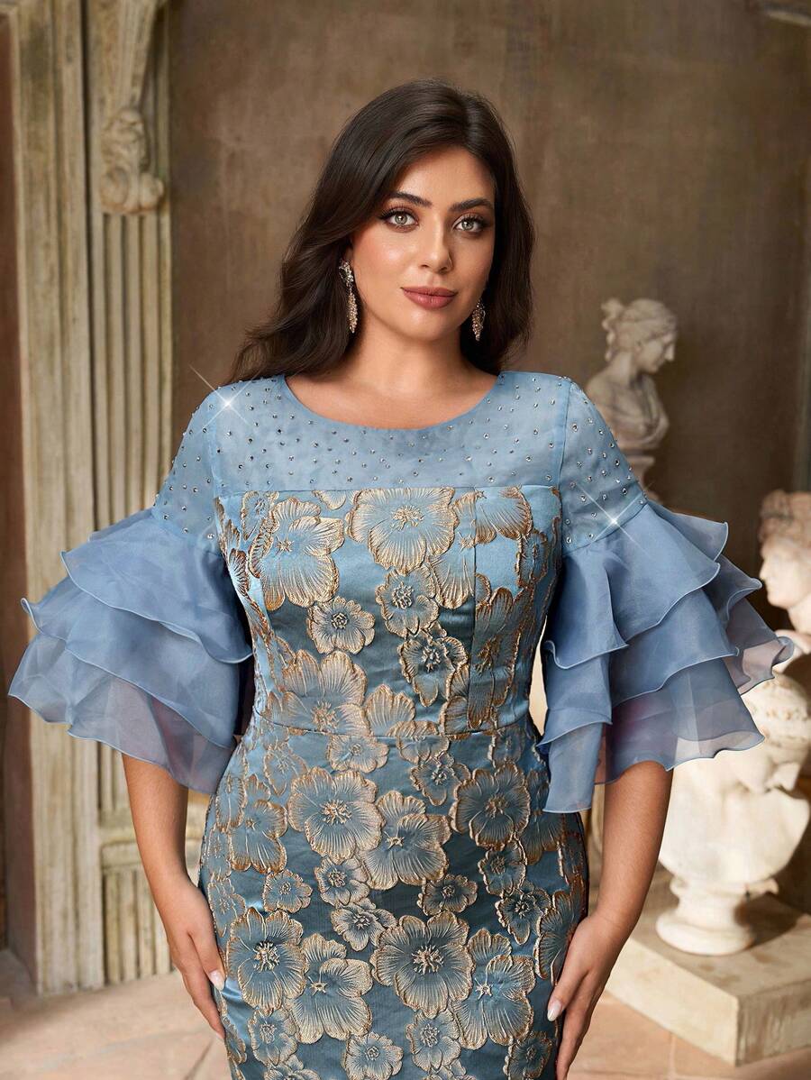 Aureia Plus Size Elegant Cocktail Dress With Satin Jacquard, Organza Ruffle Collar, Rhinestone Embellishments, In Greyish Blue Date Night Outfits Women