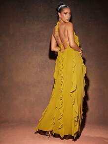Hauture Sexy Summer Boho Vacation Solid Frill Detail Open Back Maxi Dress - Yellow - View 1
