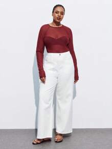 Maija Femmes grande taille Top transparent à manches longues raglan, col rond, couleur unie. Automne, rentrée scolaire, homecoming, vintage, romantique, mode, polyvalent ; confortable, élégant, casual, simple, porter au quotidien, essentiel, couleur unie, décontracté pour les vacances, décent, célibataire, mode élégante, décontracté pour le travail, sortie, remise des diplômes, enseignante, automne