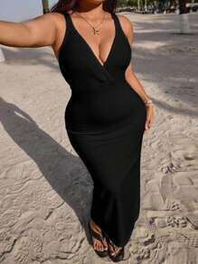 Veykashi Plus Size Spring And Fall Holiday Solid Color Black Crochet Long Sweater Dress Suitable For Going Out,Homecoming Dress Chic Dress - Black - View 4
