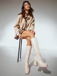 SHUZIA Botas altas hasta la rodilla con plataforma, punta cuadrada, cómodas y glamorosas para mujer, con cremallera interior - Beis - Ver 4