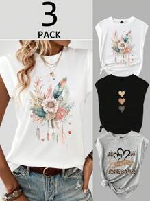 SHEIN LUNE 3 件套休闲花卉、心形和豹纹印花圆领修身加大码女式 T 恤，略微透明，适合夏季 - 彩色 - 查看 1
