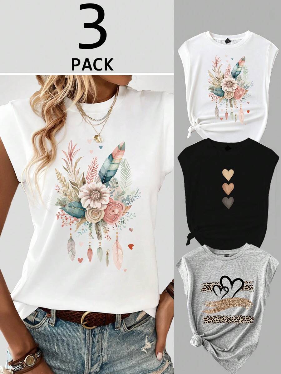 SHEIN LUNE 3 件套休闲花卉、心形和豹纹印花圆领修身加大码女式 T 恤，略微透明，适合夏季 - 彩色 - 查看 1