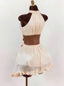 Amplova Váy ngắn thắt eo bằng vải PU chắp vá phong cách Hippie dành cho nữ, mùa hè - Màu be - Xem 2