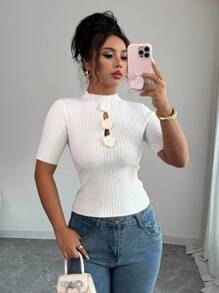Rafferiza Fitted 3D Floral High Neck Flared Sleeve Knit Top White Knit Top White Top Women - Beige - View 3