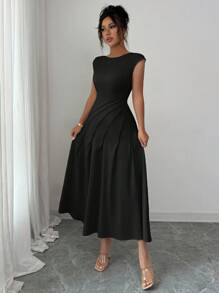 Elenzga 女士优雅度假风法式浪漫茶会落肩腰褶皱连衣裙，春夏 - 黑色 - 查看 6