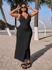 Veykashi Plus Size Spring And Fall Holiday Solid Color Black Crochet Long Sweater Dress Suitable For Going Out,Homecoming Dress Chic Dress - Black - View 2