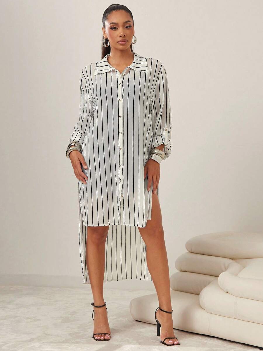 Vixey 透明条纹雪纺纽扣长款衬衫裙 - 黑與白 - 查看 1