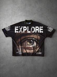 Manfinity ZONE917 1 pieza Camiseta de hombre de corte relajado con estampado de figura y eslogan casual de calle, verano - Negro - Ver 2
