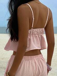 Sunnyshic Áo ba lỗ cổ chữ V vải kẻ caro màu hồng và trắng có nơ trang trí, cạp cao hở lưng, viền xếp nếp, thanh lịch và tinh tế cho kỳ nghỉ, bãi biển, đi làm, thường ngày, hẹn hò, mùa xuân, mùa hè, mùa thu - Hồng - Xem 2