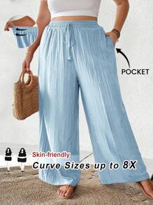 SHEIN CURVE+ Plus Size Women's New Spring/Summer Business Casual Beach Outfit, Fashionable Commuter Elegant Purple Lotus Root Pink Wide Leg Pants With Pockets, Beach Holiday Attire - Baby Blue - View 1