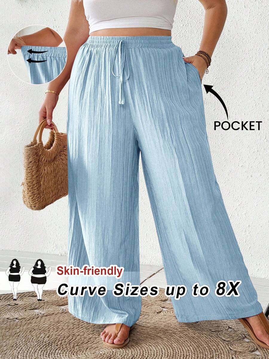 SHEIN CURVE+ Plus Size Women's New Spring/Summer Business Casual Beach Outfit, Fashionable Commuter Elegant Purple Lotus Root Pink Wide Leg Pants With Pockets, Beach Holiday Attire - Baby Blue - View 1
